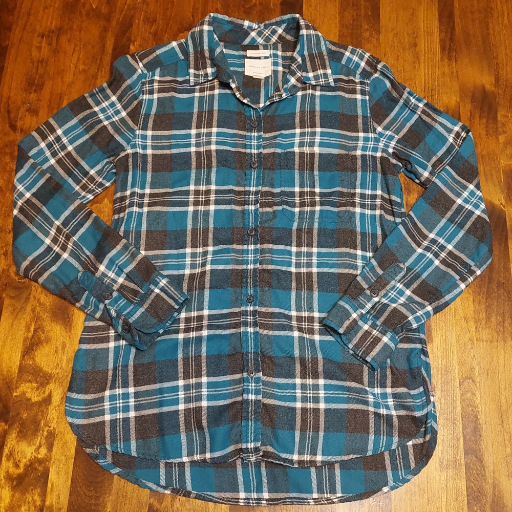 American Eagle Outfitters Teal and Charcoal Plaid Shirt